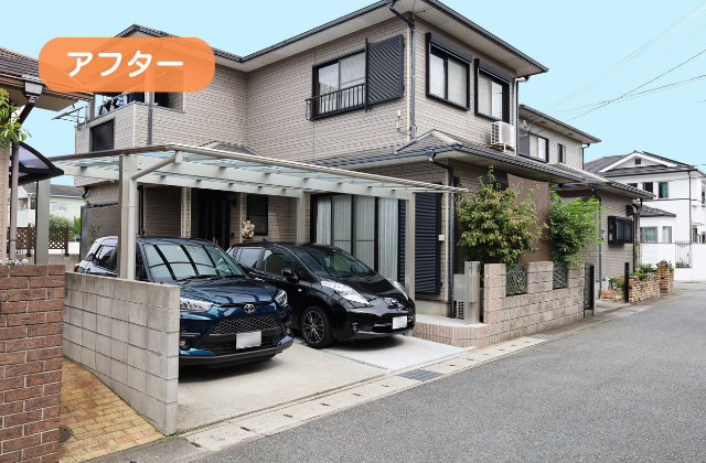 駐車場、玄関、ジャバラ、値下げしました 玄関横付けできる回廊が便利 