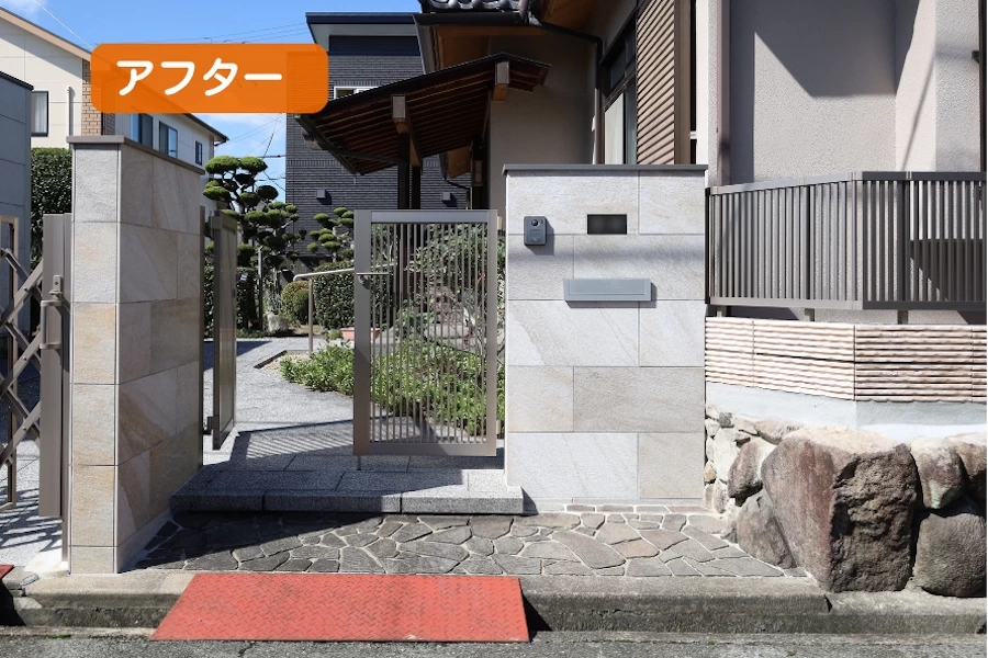 施工後　タイル貼りのモダンな門柱